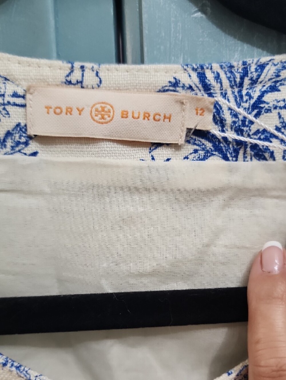 Tory Burch Cream and Blue Toile Sleeveless Button Front Dress - Picture 3 of 11